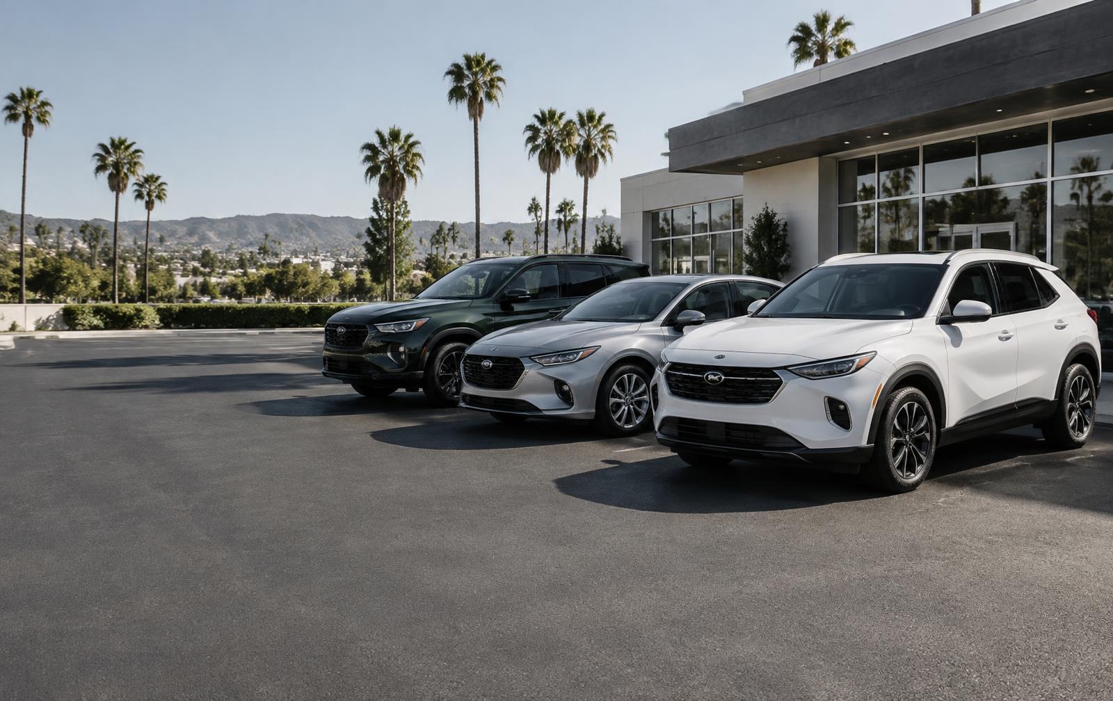 Three rental vehicles outside a Southern California storefront